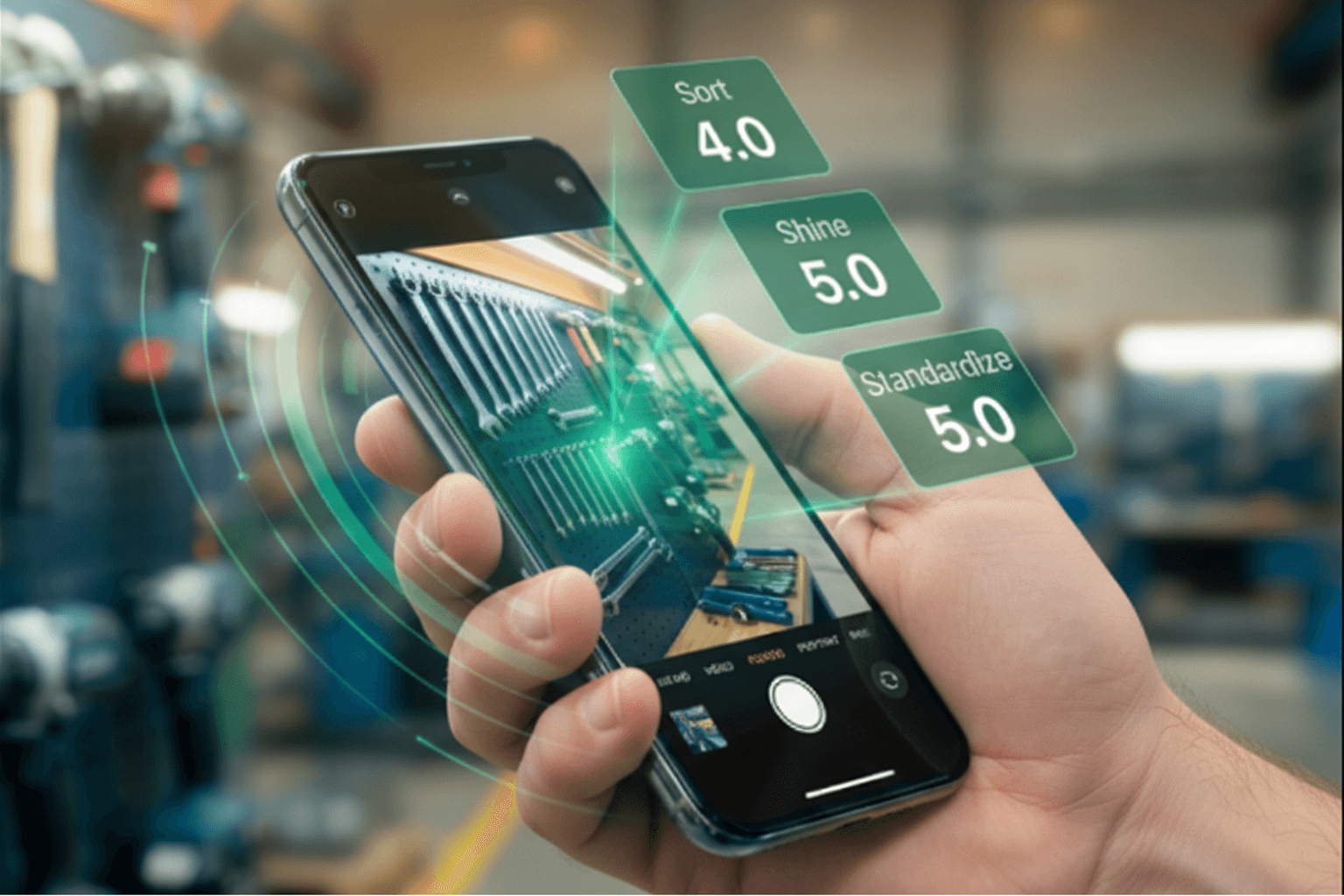 Phone-based AI photo scan of a 5S zone compared to digital baseline with automated notifications