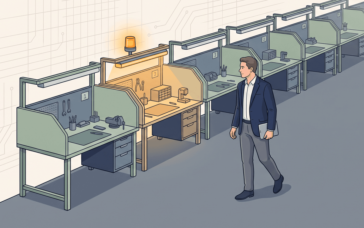 Illustration of a lean production line — a row of workstations, one lit by an amber andon signal lamp, and a coach in a navy blazer walking toward the single station that needs attention