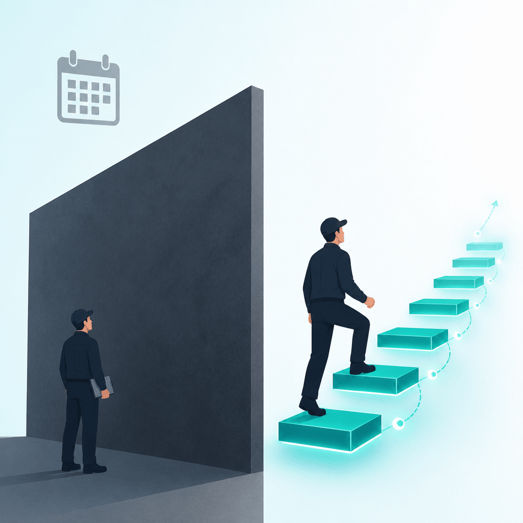 One figure stopped at a solid wall while another climbs glowing teal steps upward — the usual fixes for the coaching ratio hit a wall, while a scalable path is needed