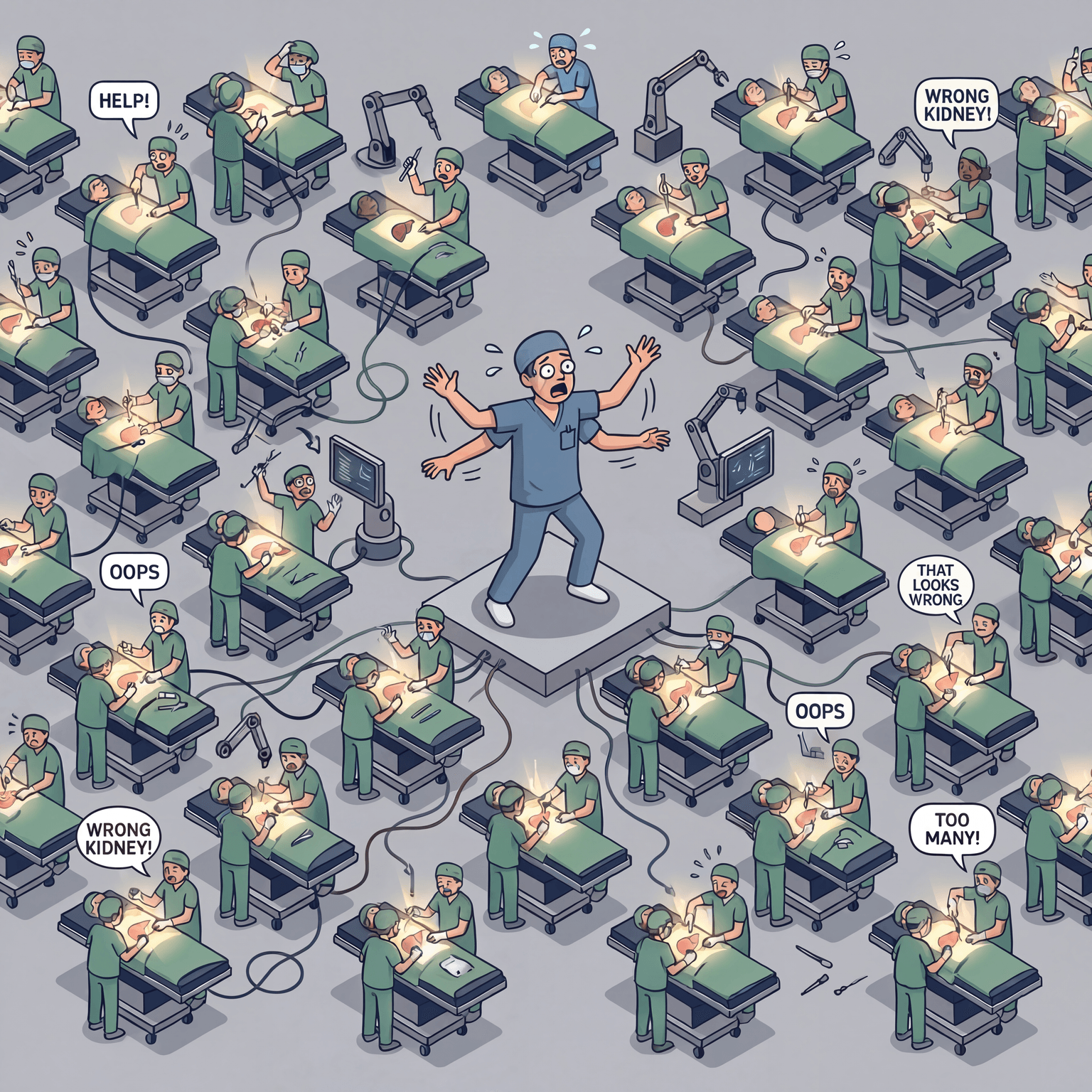 A single overwhelmed coach surrounded by dozens of operating tables — a visual metaphor for one expert stretched across far too many practitioners