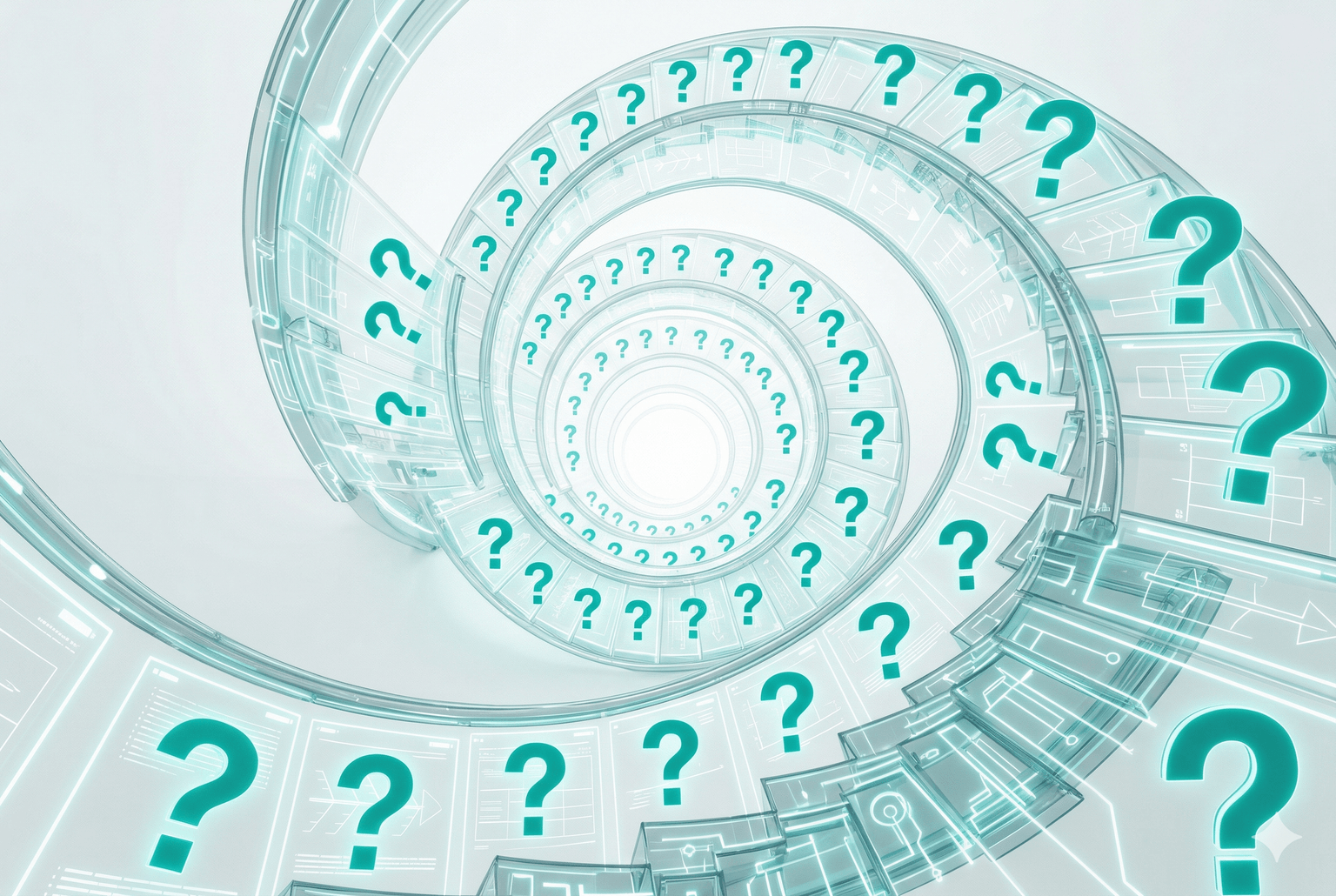Infinite spiral of question marks representing AI that never knows when a tool is complete