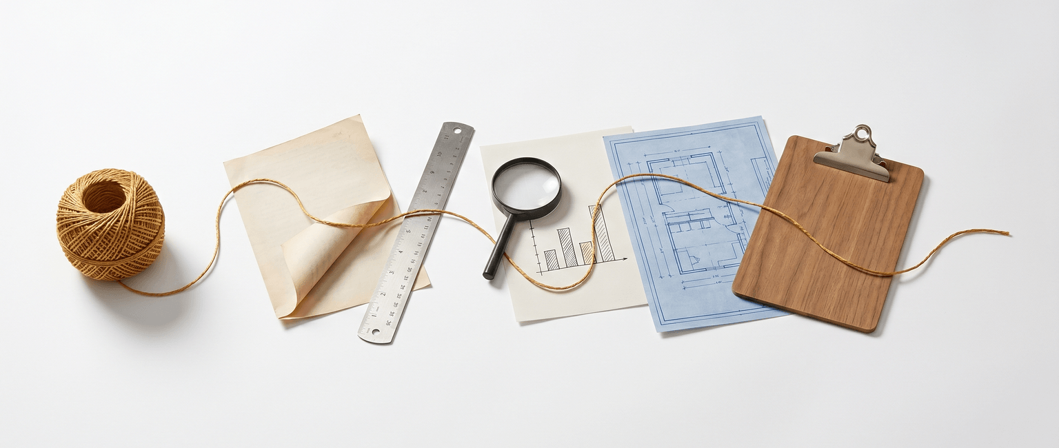 Golden thread unwinding from a ball of twine and weaving through DMAIC project artifacts — charter document, ruler, magnifying glass over bar chart, blueprint, and clipboard — representing the Thread of Integrity from project charter to project close
