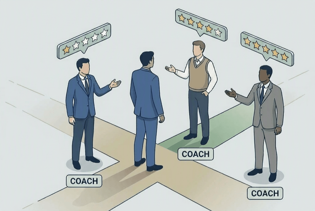 A practitioner facing three different coaches, each rated with a different number of stars — coaching quality varies widely, and credentials are a poor proxy for it