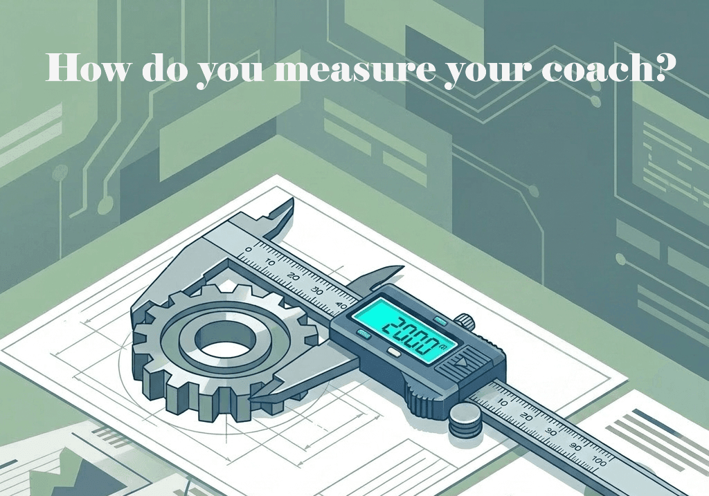 Illustration titled 'How do you measure your coach?' — a digital caliper measuring a gear on engineering drawings, evoking how Lean Six Sigma measures everything except the coach