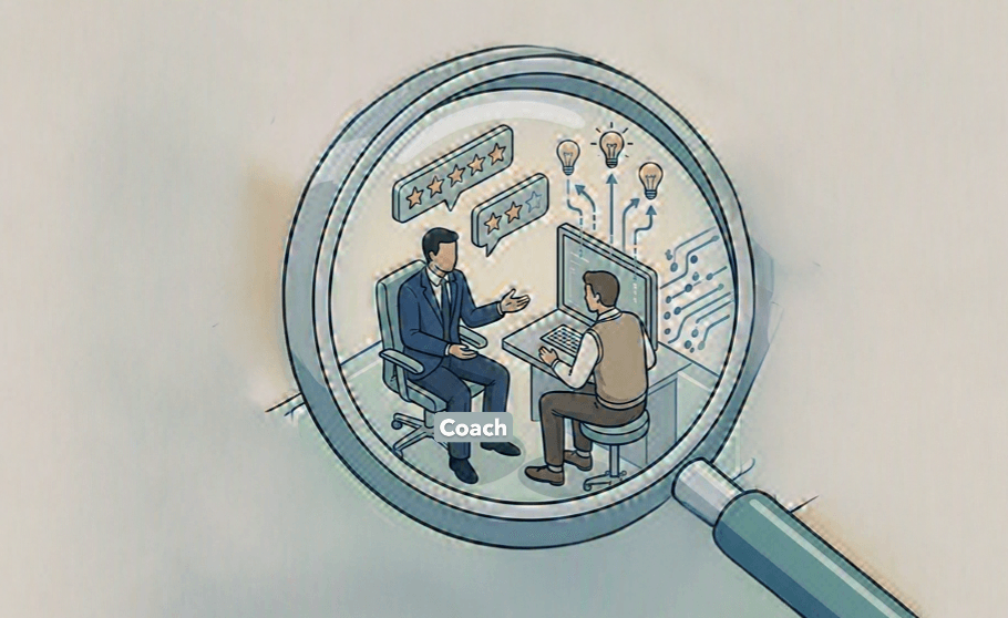 A magnifying glass held over a Lean Six Sigma coaching session — a coach and a practitioner at a laptop, with star ratings above — evoking measuring the coach