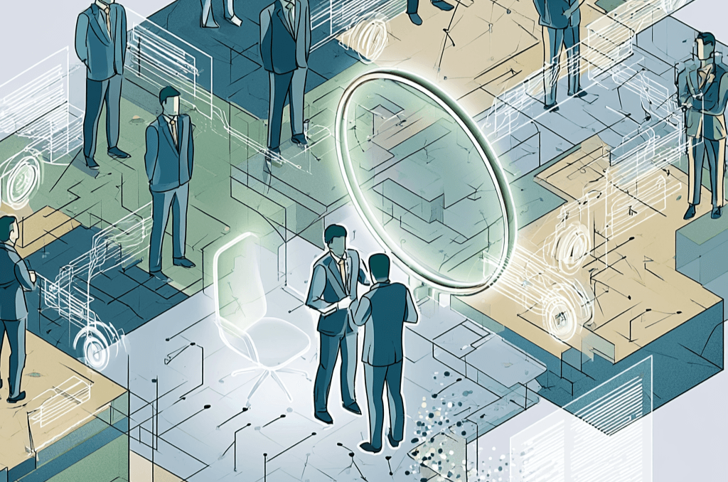 An isometric view of many practitioners across an organization with a glowing magnifying glass focused on one coach-and-practitioner conversation — measuring coaching to help, not to surveil