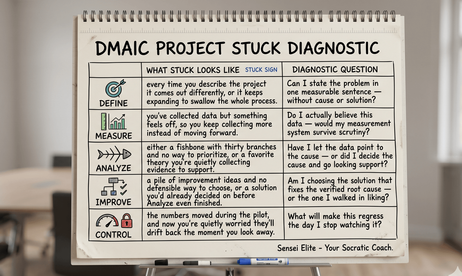 DMAIC phase-by-phase diagnostic showing what stuck looks like in Define, Measure, Analyze, Improve, and Control — and the question to ask to get unblocked