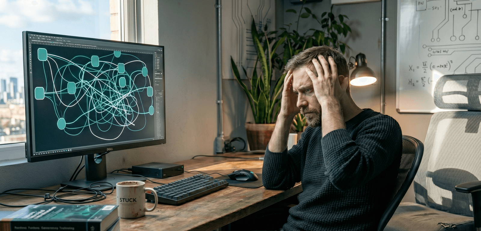 A Lean Six Sigma practitioner sitting alone at a desk, stuck and staring at a DMAIC process map between coaching sessions